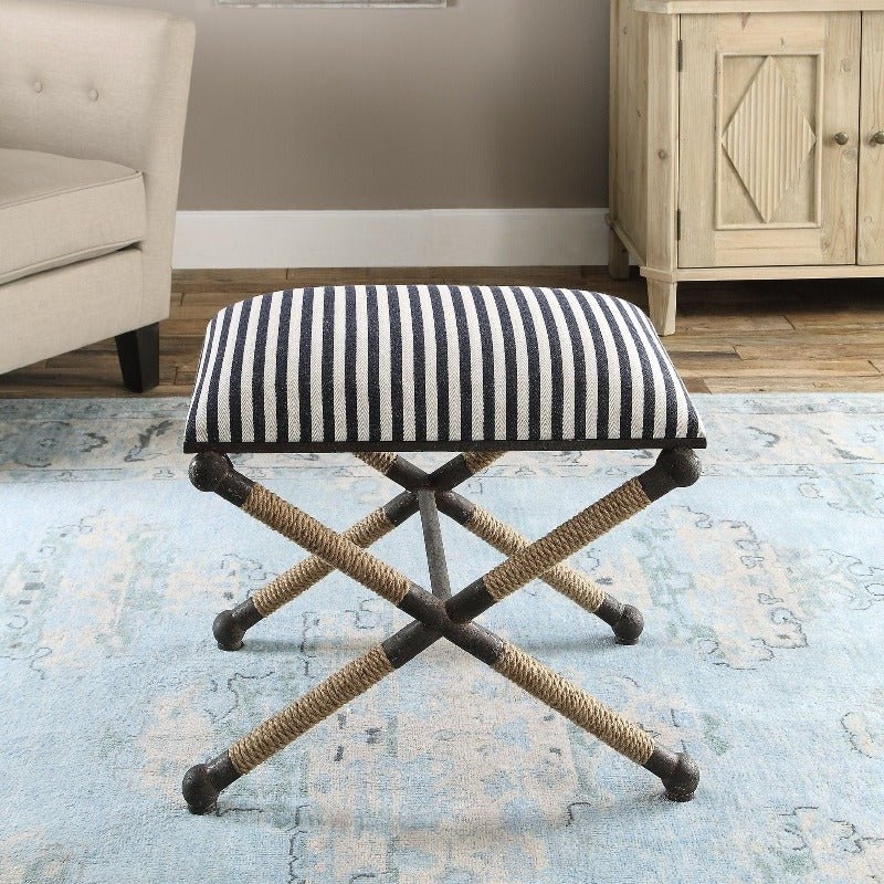 Upholstered Bench Classic Blue Stripes, Nautical Accent Seat