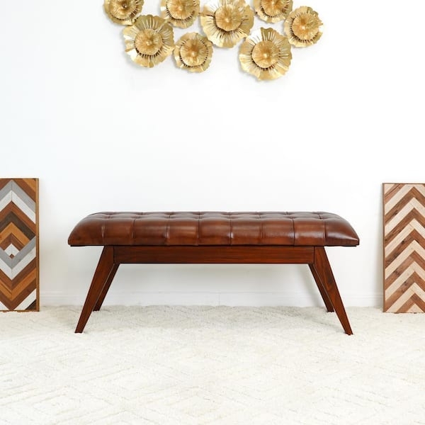 Upholstered Bench, Cognac Tan Button Tufting, Tapered Wood Legs