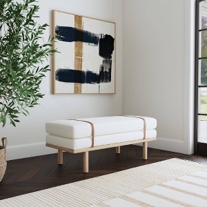 Upholstered Bench Cream Boucle Tan Straps Double Cushion Minimalist