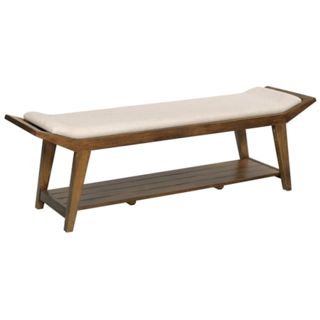 Upholstered Bench Cream Button Tufted Six Tapered Legs Dark Wood