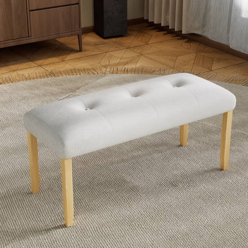 Upholstered Bench Cream Linen-Like Natural Wood Legs Tufted Scandinavian