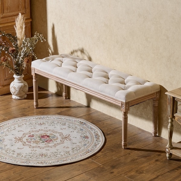 Upholstered Bench Cream Tufted Seating Carved Floral Accents
