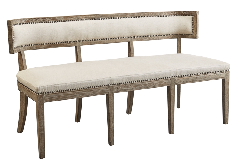 Upholstered Bench Curved Back Nailhead Trim Weathered Wood Beige Farmhouse