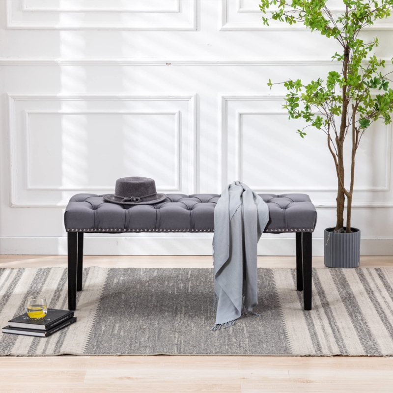 Upholstered Bench, Dark Gray Velvet with Nailhead Trim
