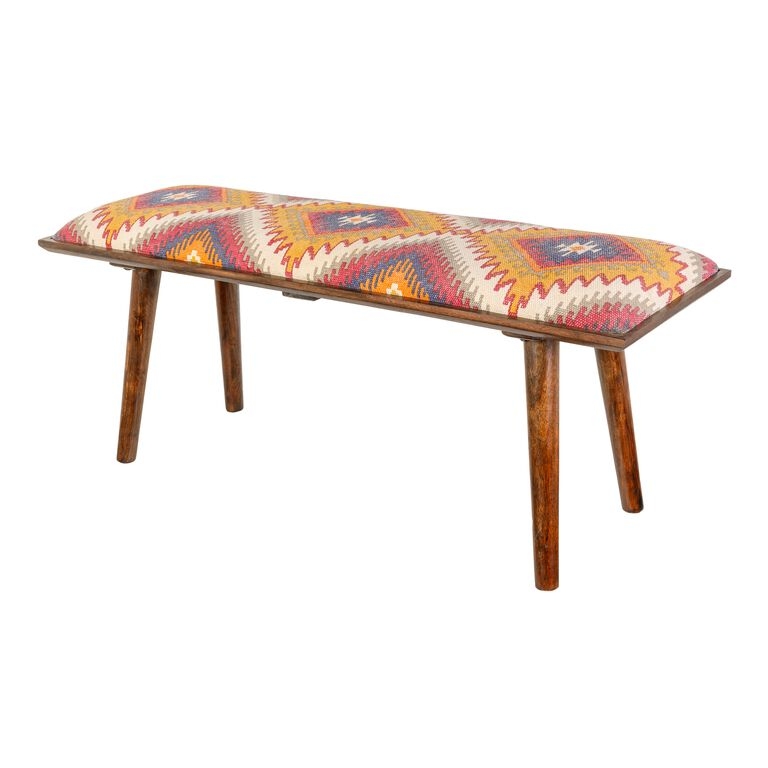 Upholstered Bench Earthy Diamond Pattern Woven Fabric Dark Turned Legs