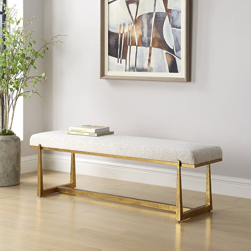 Upholstered Bench featuring Hammered Gold Frame and Textured Fabric