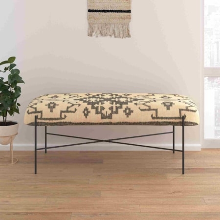 Upholstered Bench featuring Slatted Storage Shelf and Dark Wood Contrast