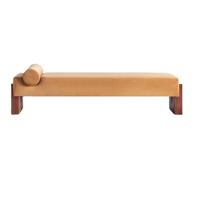 Upholstered Bench featuring Yellow Channel Tufting and Bolster Pillows