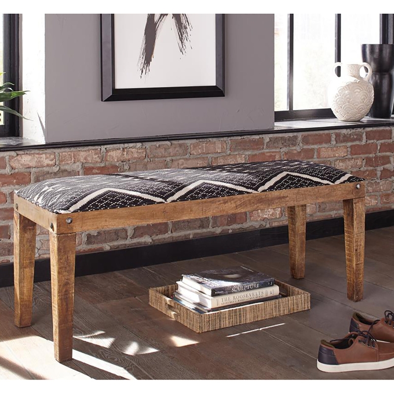 Upholstered Bench Geometric Print Exposed Bolt Heads Industrial
