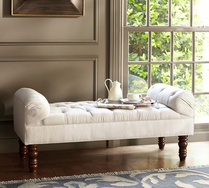 Upholstered Bench Gray Performance Velvet Diamond Tufted Cabriole Legs