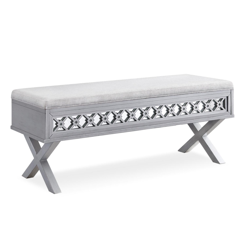 Upholstered Bench Gray Tufted Silver Leaf X-Base Mirrored Filigree