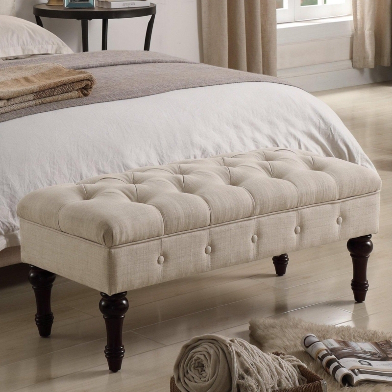 Upholstered Bench Grey Fabric Button Tufted Backrest Flared Arms