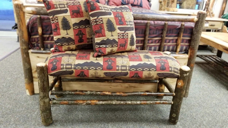 Upholstered Bench Hickory Log Frame Spindle Back Geometric Pattern