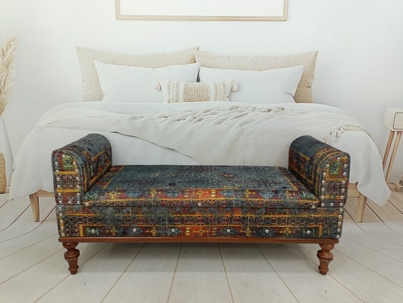 Upholstered Bench in Emerald Green Velvet with Tapered Wood Legs