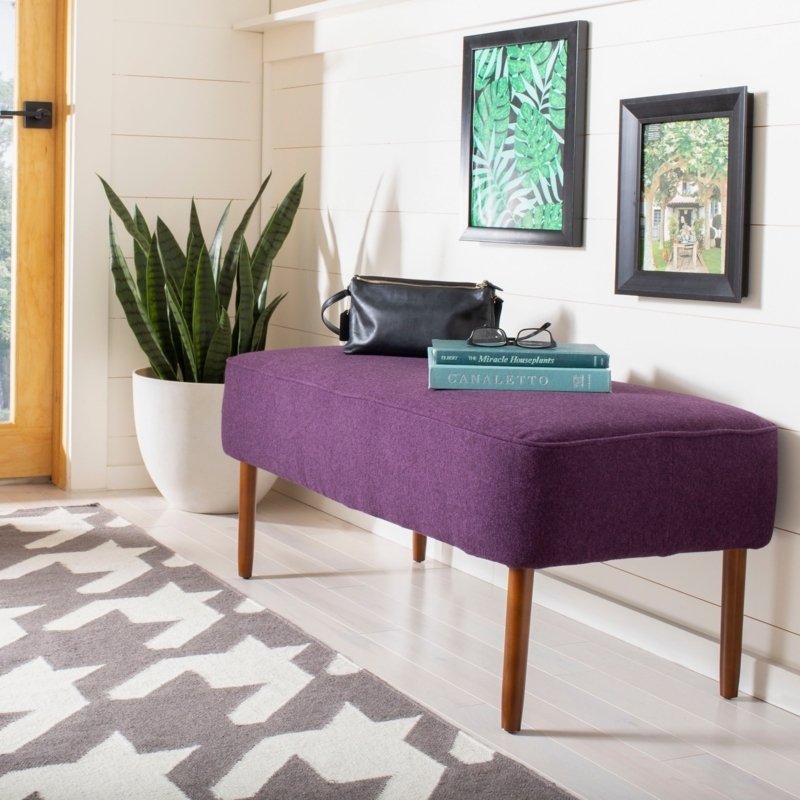 Upholstered Bench in Mid-Century Modern Style with Plum Woven Fabric