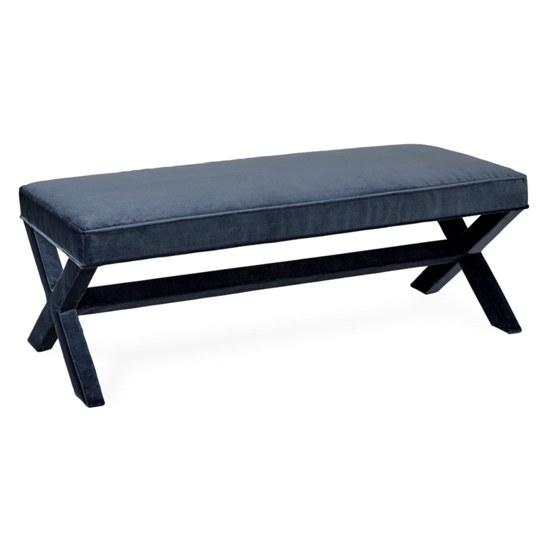 Upholstered Bench in Navy Velvet with Polished Silver Double X-Base