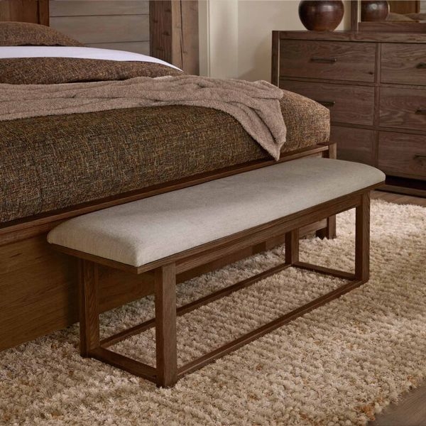 Upholstered Bench Ivory Fabric Tapered Legs Welted Edges Dark Oak