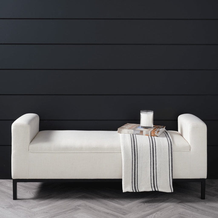 Upholstered Bench Ivory Linen Integrated Arms Black Metal Legs Modern