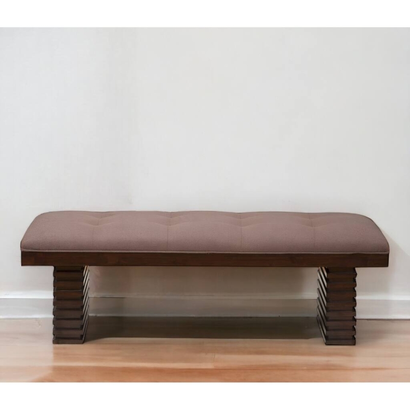 Upholstered Bench Latte Linen Stacked Block Pedestal Legs Transitional