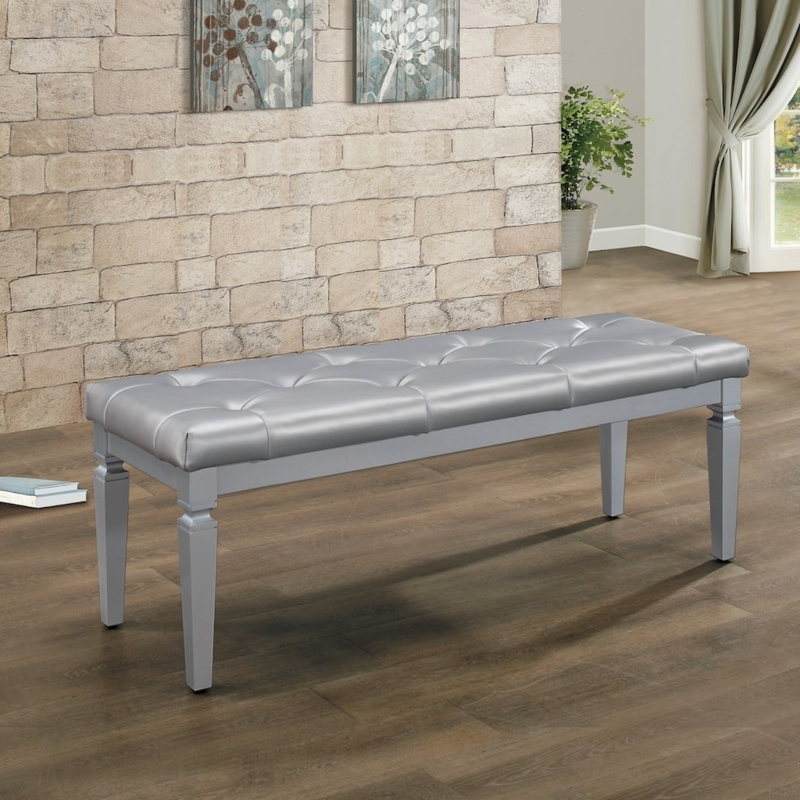 Upholstered Bench Metallic Faux Leather Button Tufted Tapered Legs