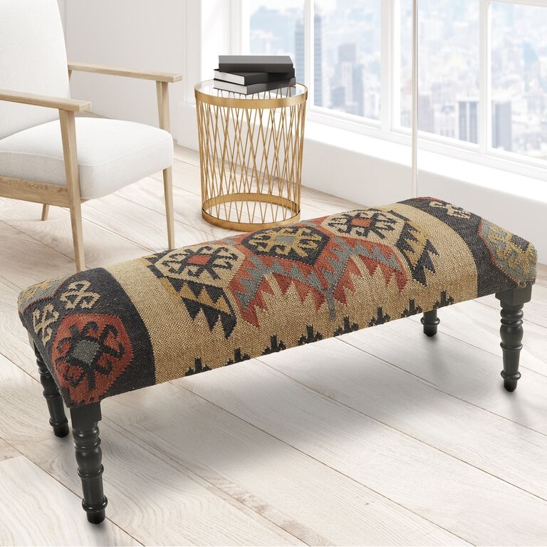 Upholstered Bench Multicolor Wool Kilim Weave Tapered Wood Legs Global