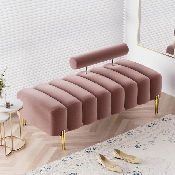 Upholstered Bench Navy Blue Channel Tufted Adjustable Back Gold Legs