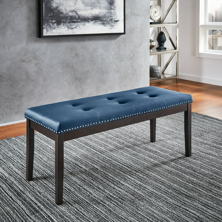 Upholstered Bench Navy Blue Velvet Button Tufting Glam Nailhead Trim