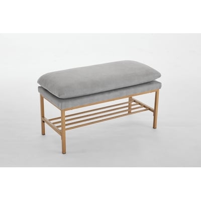 Upholstered Bench on Slim Black Metal Sled Base, Gray Modern Design