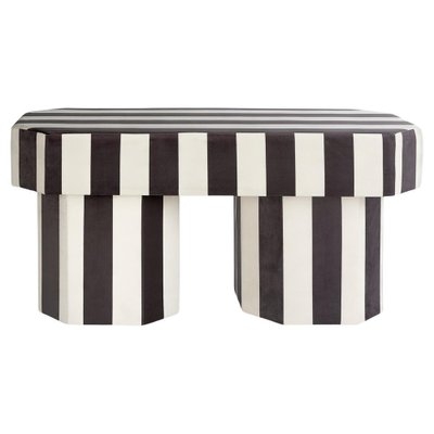 Upholstered Bench Pill Shape, Black and White Bold Striped Postmodern