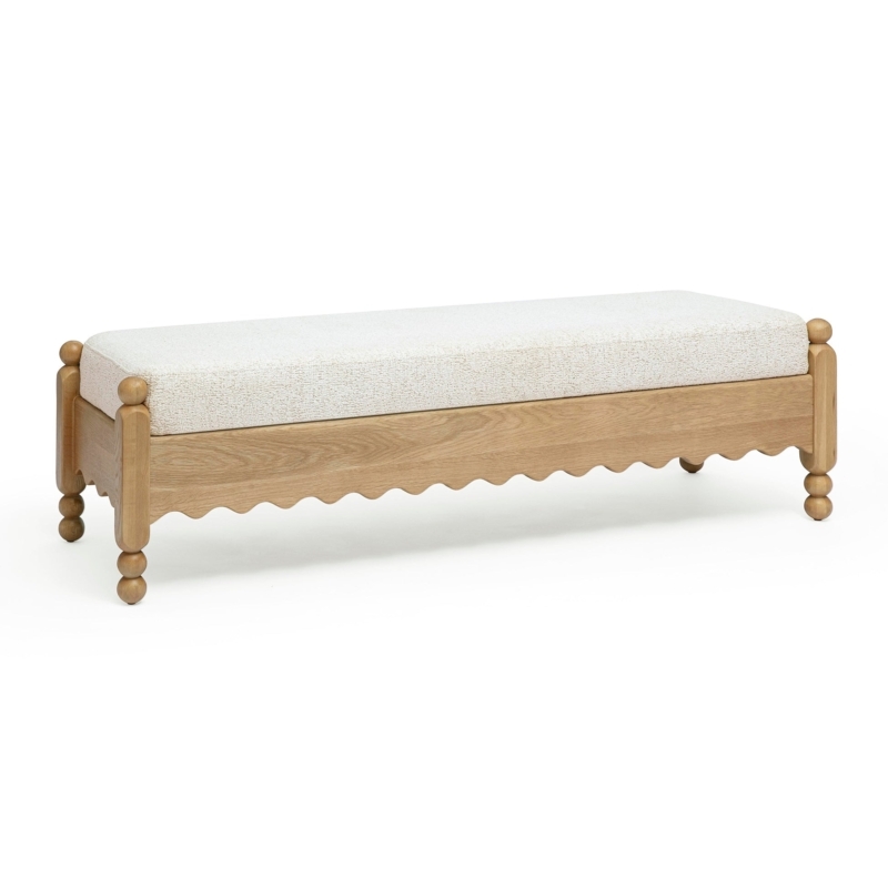 Upholstered Bench, Scalloped Apron, Ball Turned Legs, Basketweave