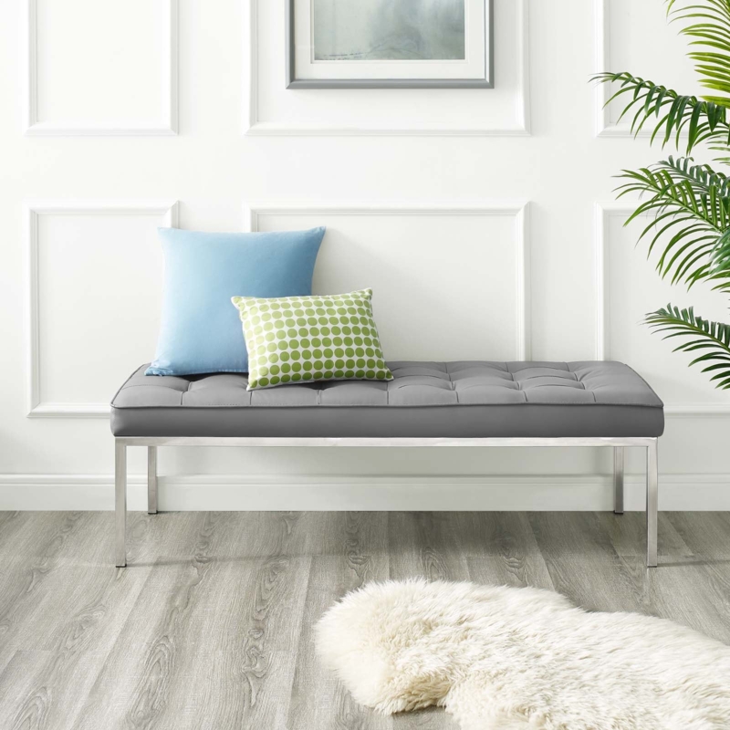 Upholstered Bench Silver Gray Tufted Polished Metal Frame Modern Glam