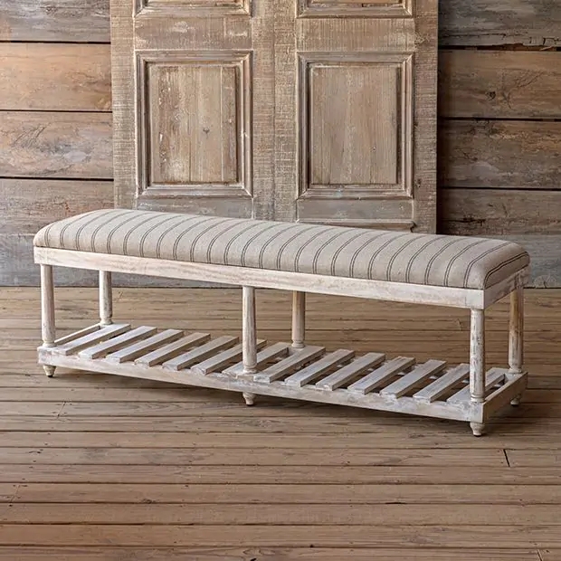 Upholstered Bench Six Legs, Charcoal Ticking Stripe Farmhouse Seat
