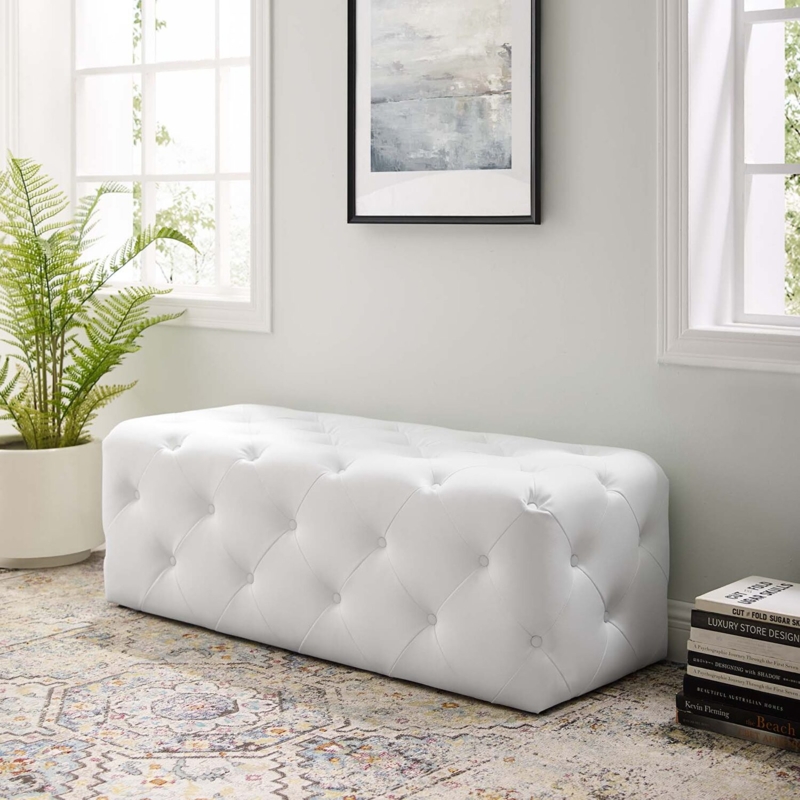 Upholstered Bench Stark White Diamond Tufted Rectangular Glam Style