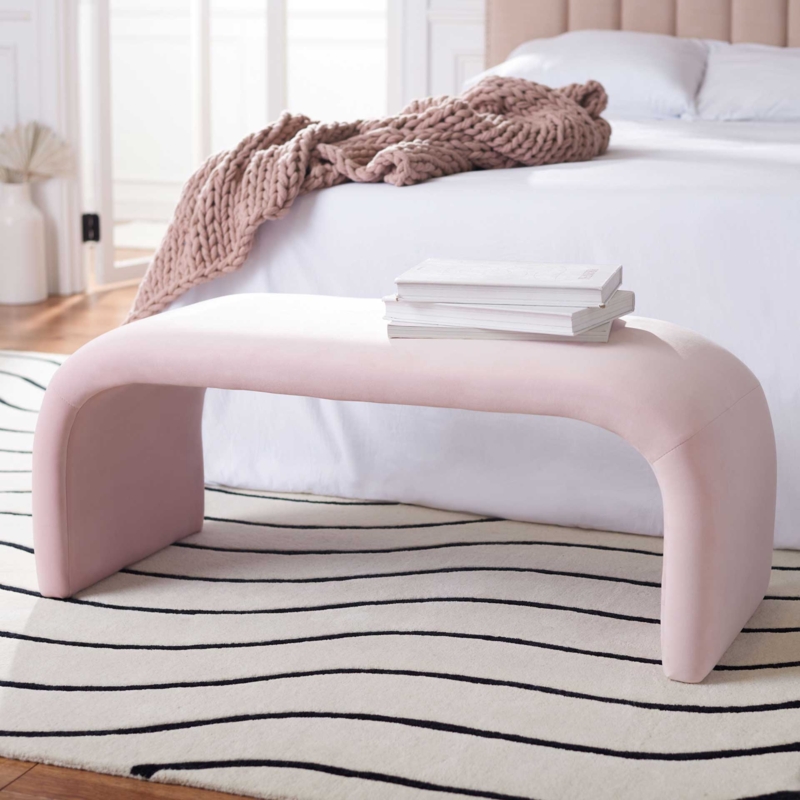 Upholstered Bench Tapered Wood Legs Blush Fabric Minimalist