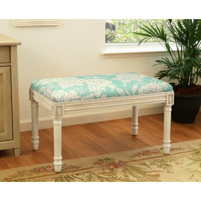 Upholstered Bench Teal Floral Antique White Fluted Legs French Country
