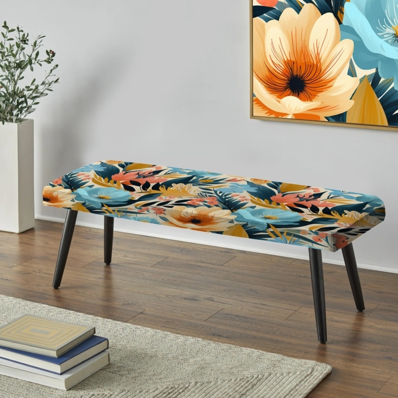 Upholstered Bench Tropical Floral Print Tapered Legs