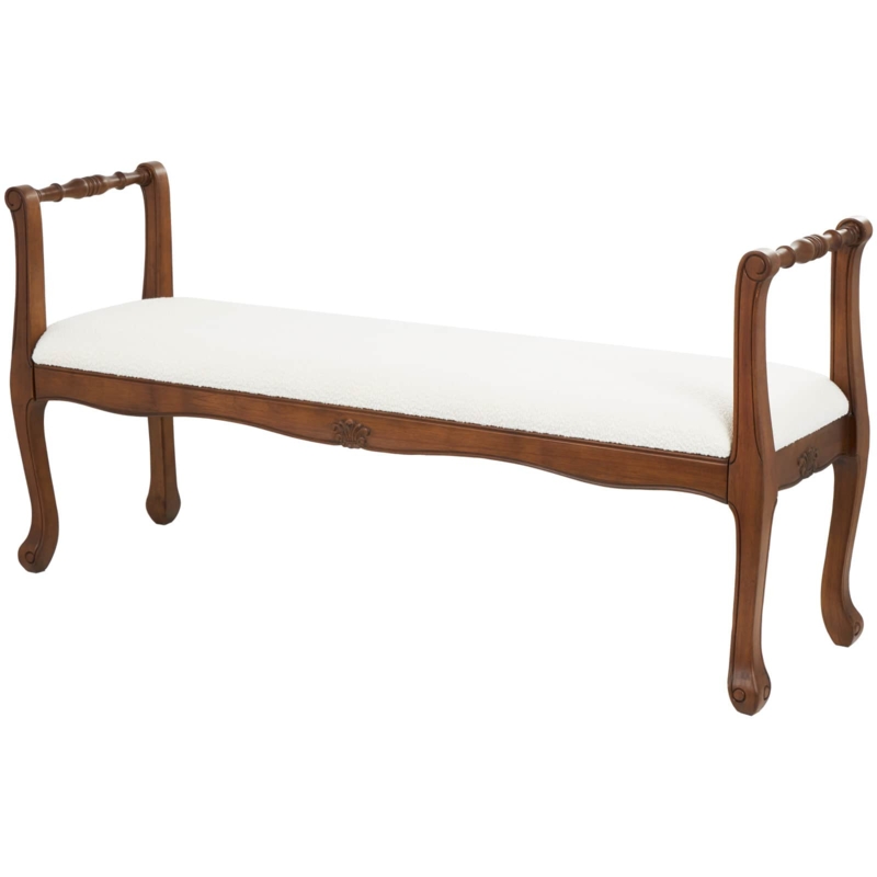 Upholstered Bench, Turned Arms, Scalloped Frame, Traditional Style