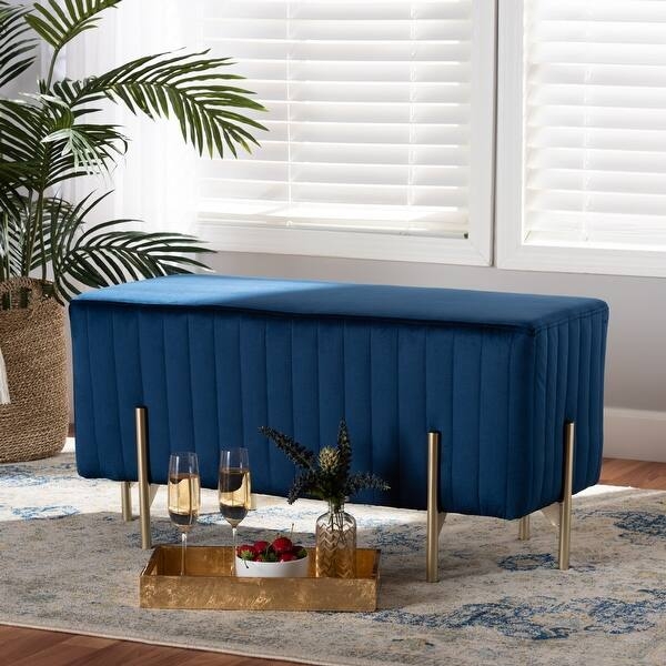 Upholstered Bench Vertical Channel Tufting Navy Velvet Slender Legs