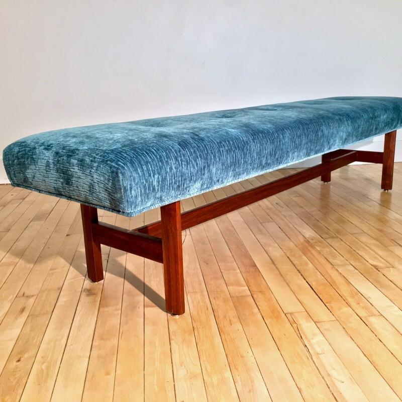 Upholstered Bench Vibrant Teal Velvet Six-Foot Length Mid-Century Modern