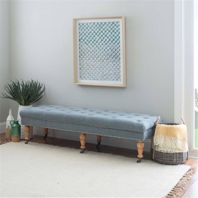Upholstered Bench Washed Blue Fabric with Metal Casters