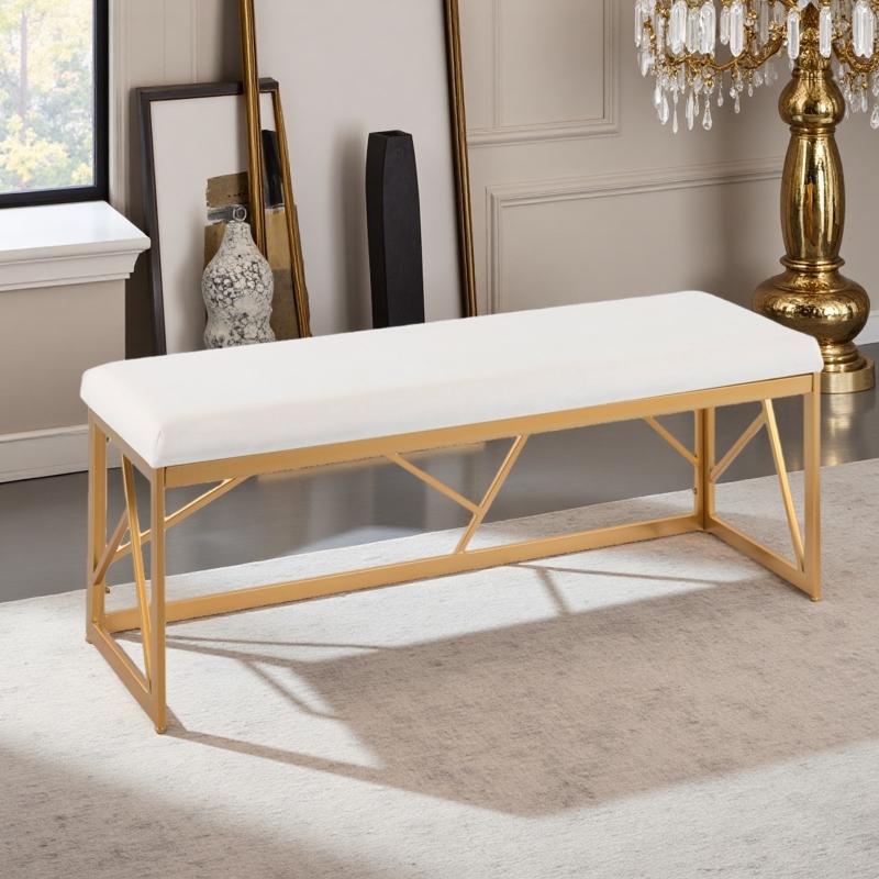 Upholstered Bench White Velvet Geometric Base Backless Accent Seating