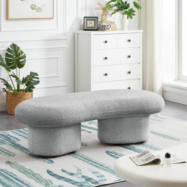 Upholstered Bench with Arched Wood Supports and Cream Boucle Texture