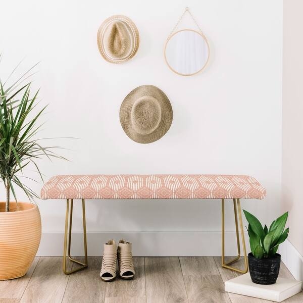 Upholstered Bench with Blush Diamond Pattern and Gold Hairpin Legs
