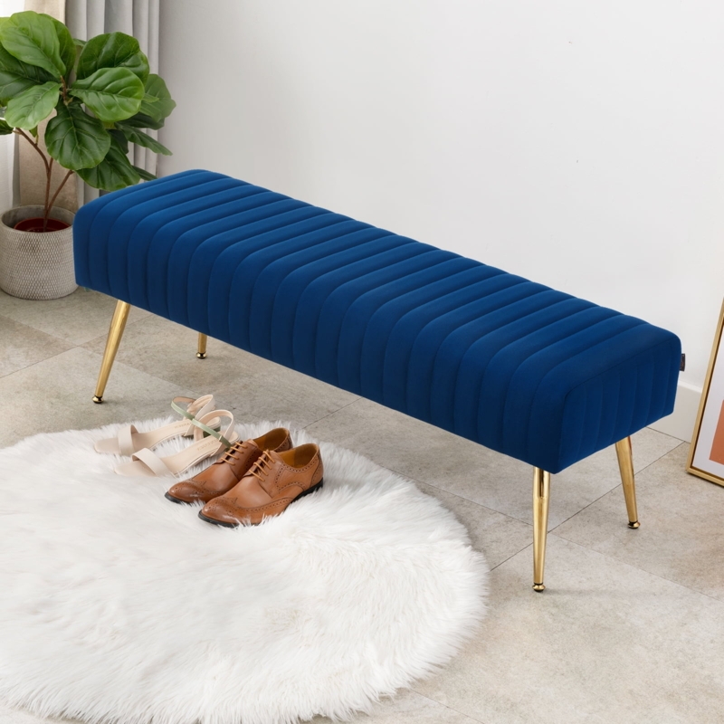 Upholstered Bench with Channel Tufted Velvet and Tapered Gold Legs