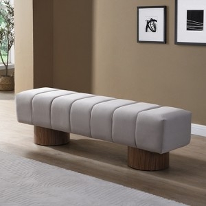 Upholstered Bench with Channel Tufting and Sculptural Wood Pedestal Base