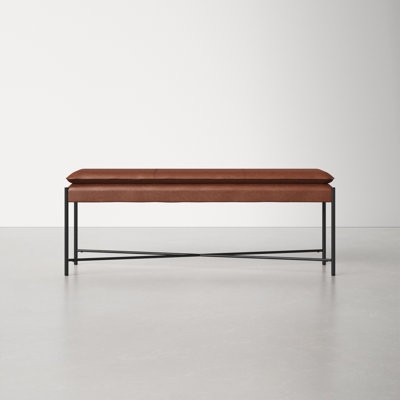 Upholstered Bench with Cognac Leather-Like Seat and Black Metal X-Base