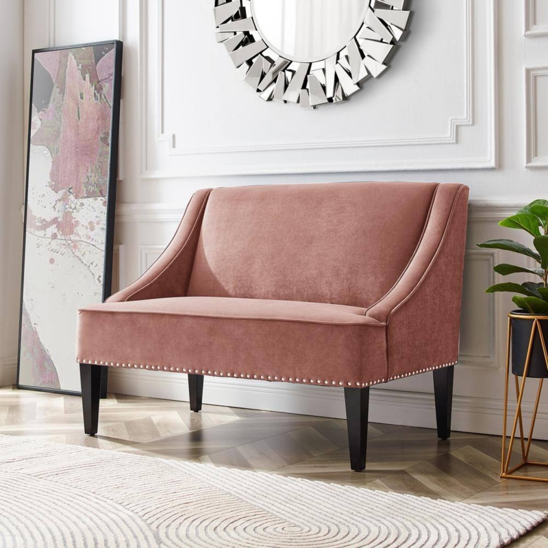 Upholstered Bench with Curved High Back, Blush Velvet & Nailhead Trim