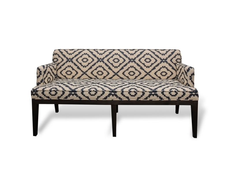 Upholstered Bench with Mid-Century Upward-Curving Arms in Off-White