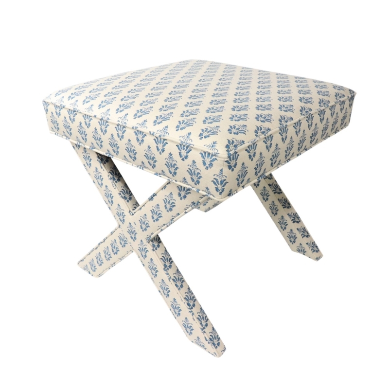 Upholstered Bench with Navy Star Pattern and Light Wood Base