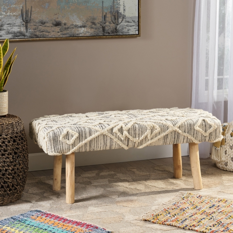 Upholstered Bench with Raised Diamond Shag Pattern, Wood Legs, Boho Chic